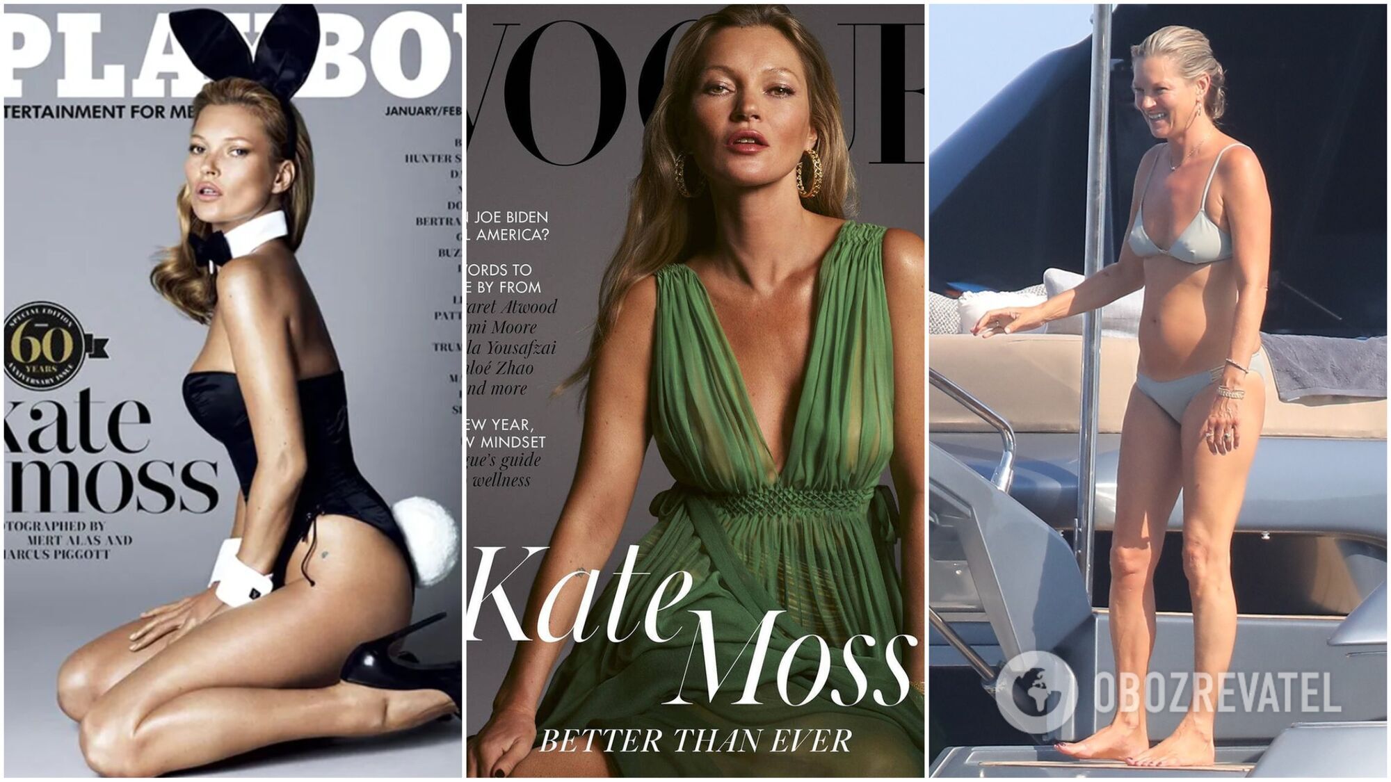 Кейт Мосс на обкладинці журналу Playboy в 2013 році, на обкладинці Vogue наприкінці 2020 року і зараз