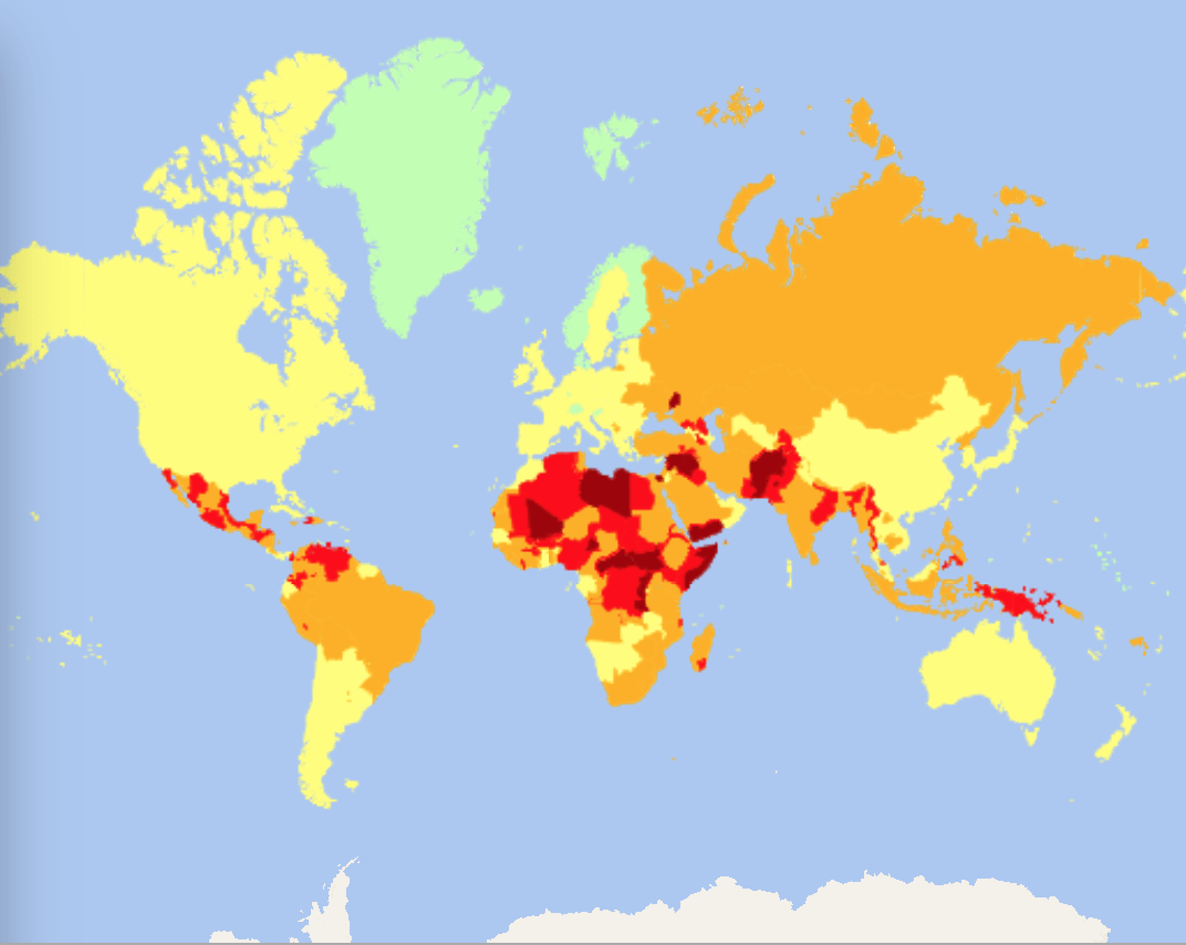 Карта світу з вказаним рівнем безпеки для туристів.